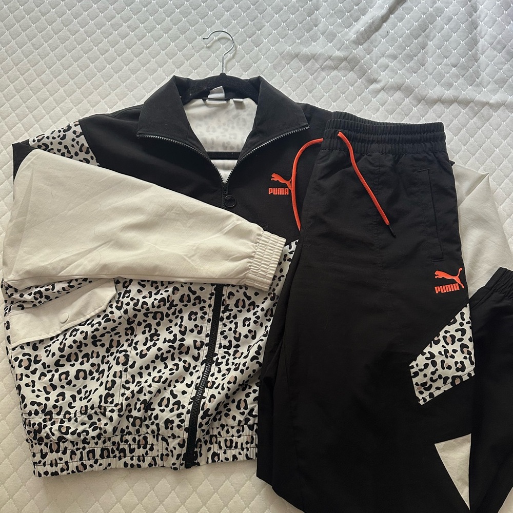 Puma Black and White Animal Print Tracksuit with Red Accents